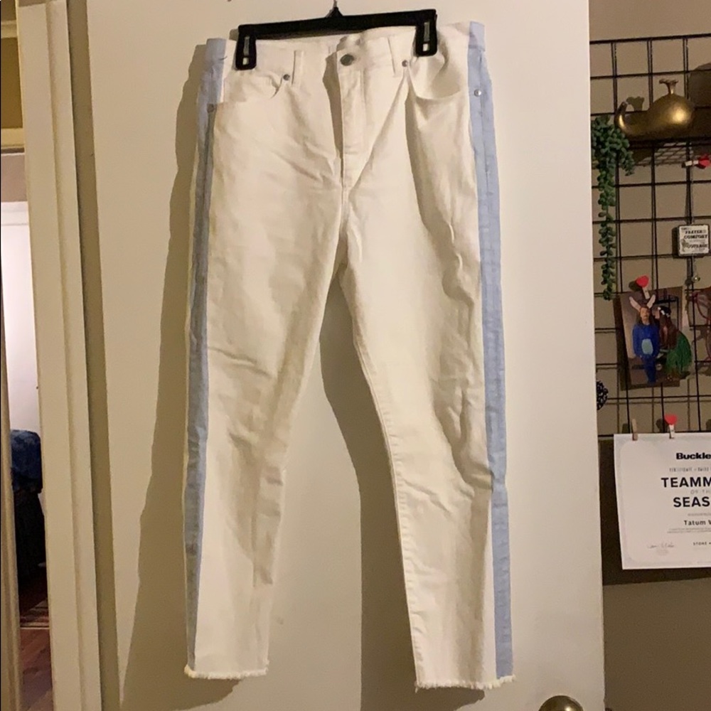 White and blue striped jeans